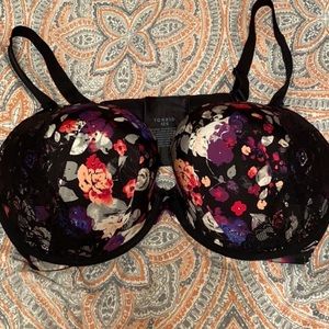 Torrid Black Floral Lace Trim Satin Bra 42G
